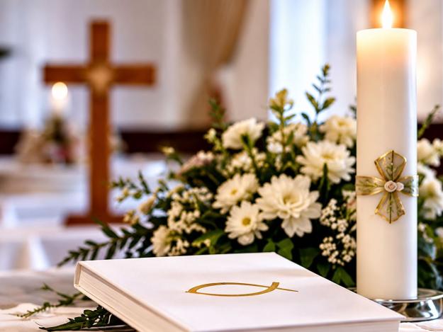 Blumen und eine aufgeschlagene Karte vor einem Kreuz
